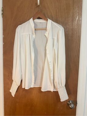 Women's Romantic Cream Button-Front Blouse with Smocked Cuffs